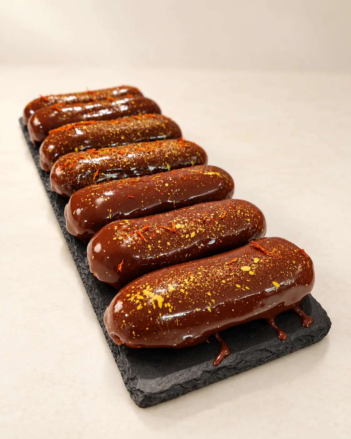 Schokoladenéclairs auf einem dunklen Tablett