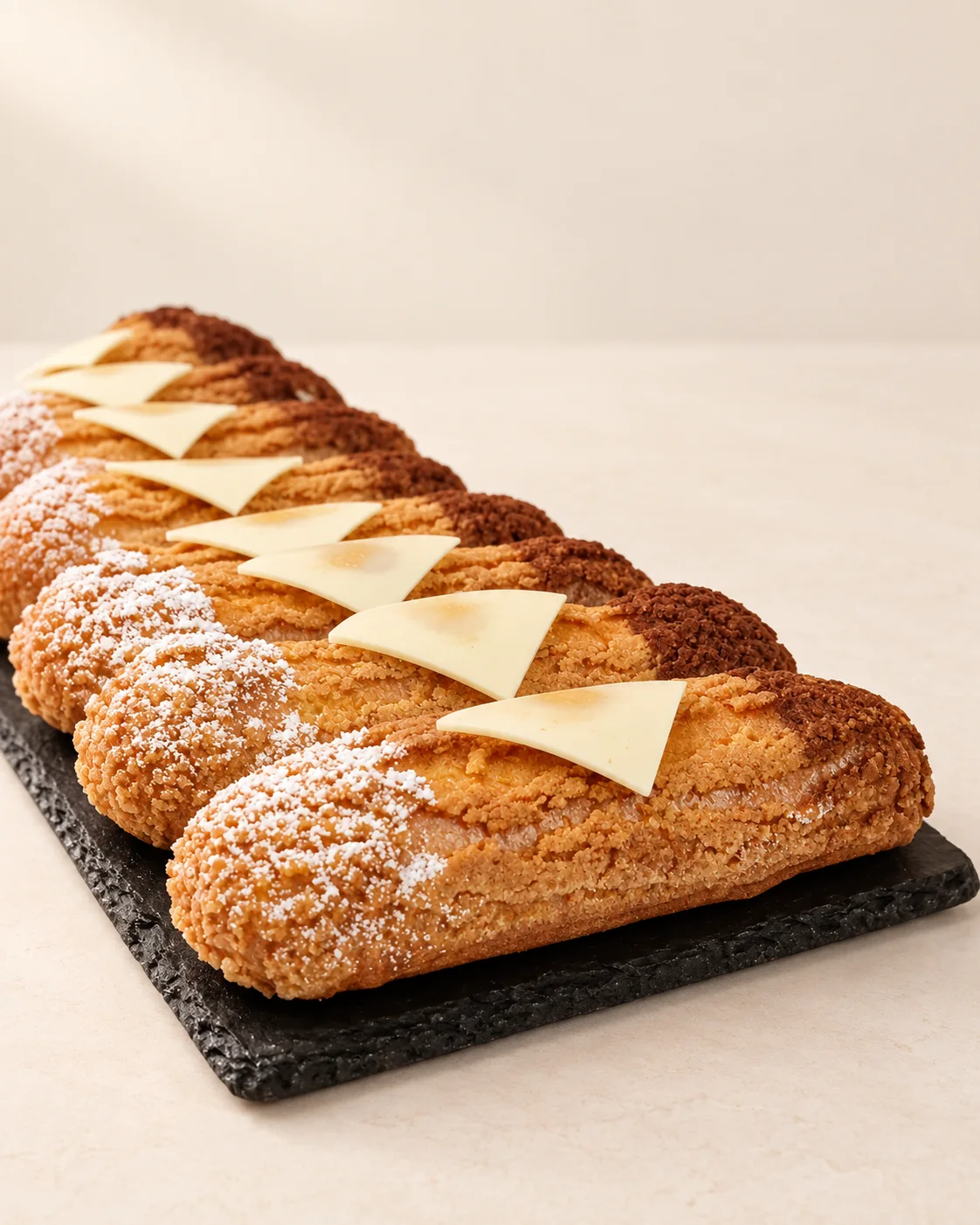 Törtchen mit Creme und hellen dreieckigen Verzierungen