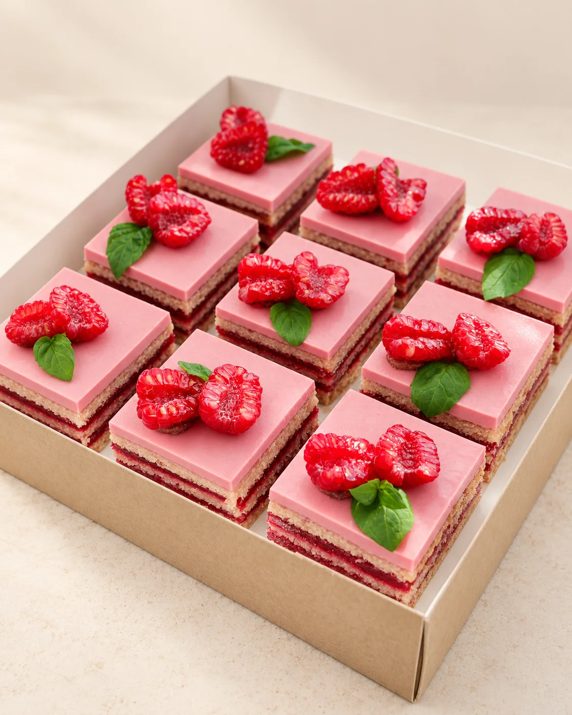 Rosafarbene Schichttörtchen mit Himbeeren