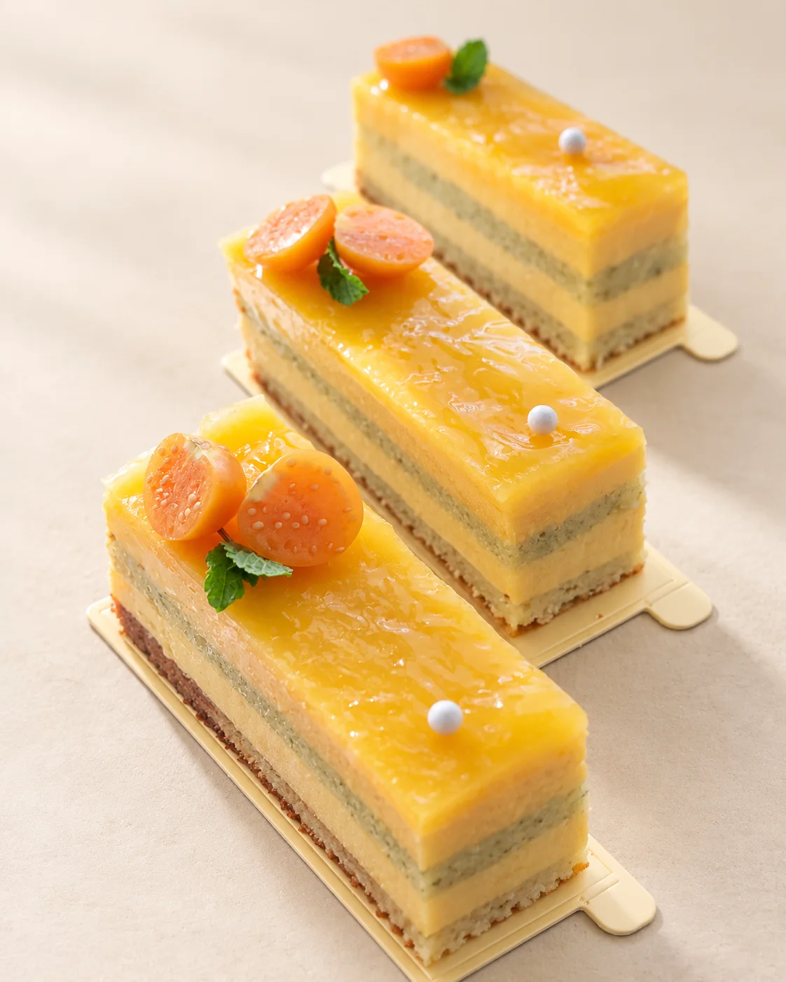 Gelbe Schichttörtchen mit Fruchtdekor