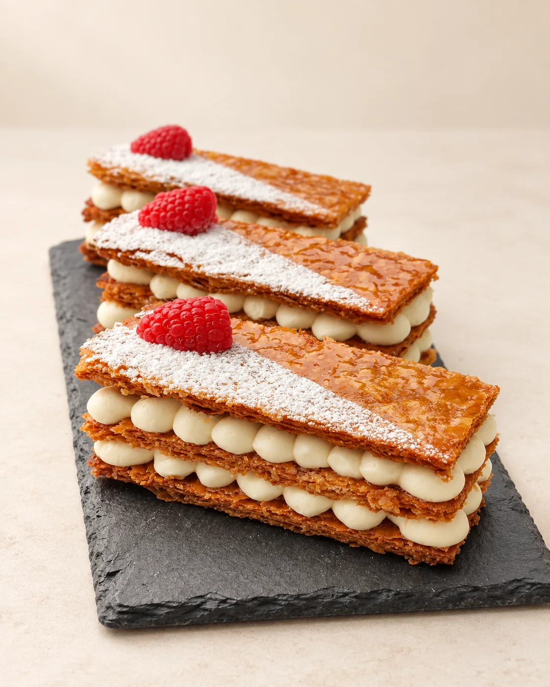 Schichttörtchen mit Creme und Himbeeren