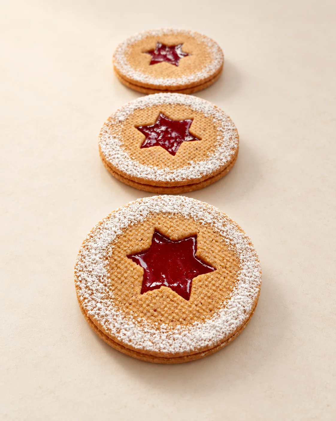 Kekse mit roter Füllung und Puderzucker